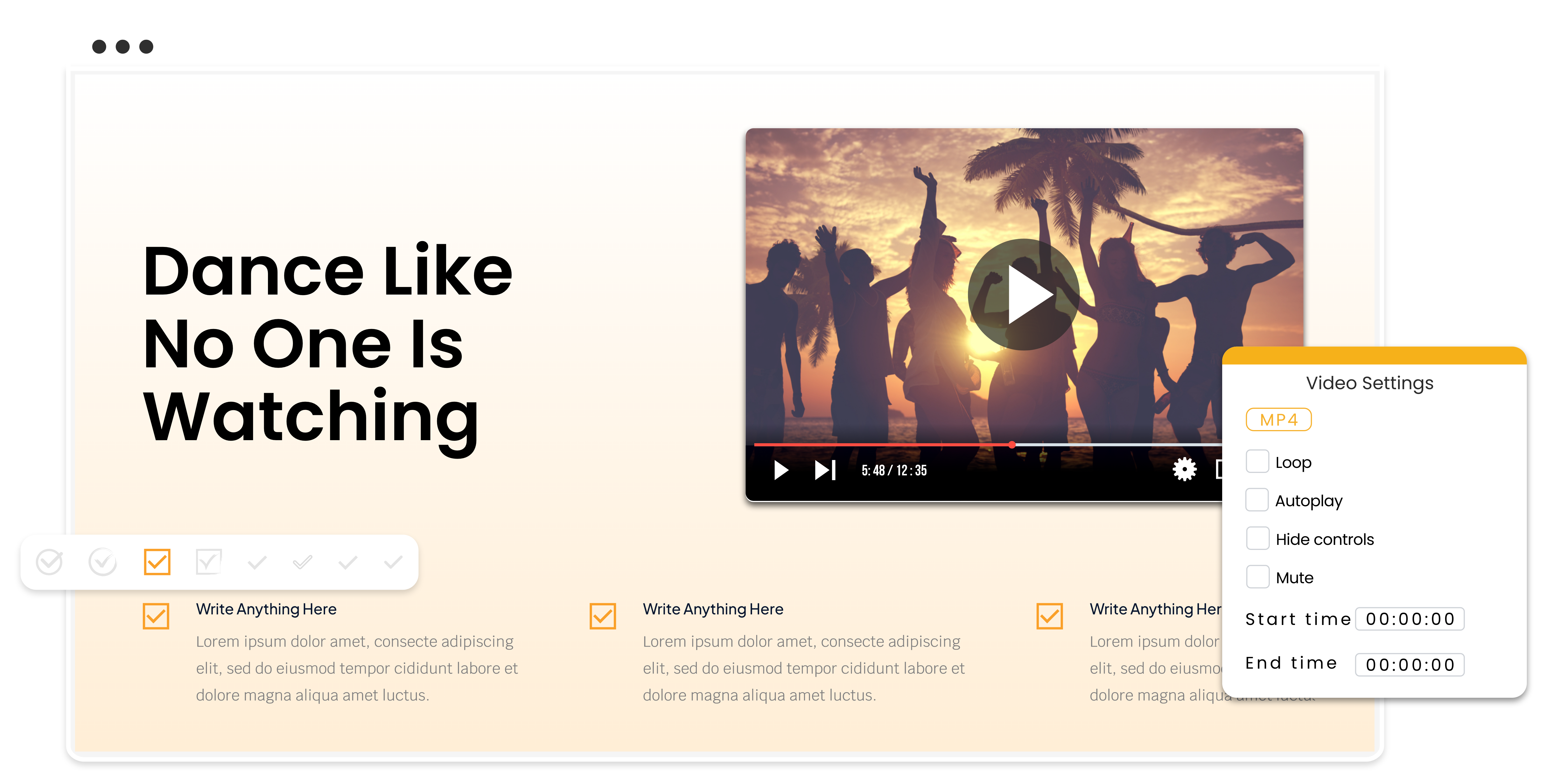 Eine Folie, die Videoeinstellungen und Steuerelemente zeigt, und Menschen, die bei Sonnenuntergang am Strand tanzen, im Browser-Frame.