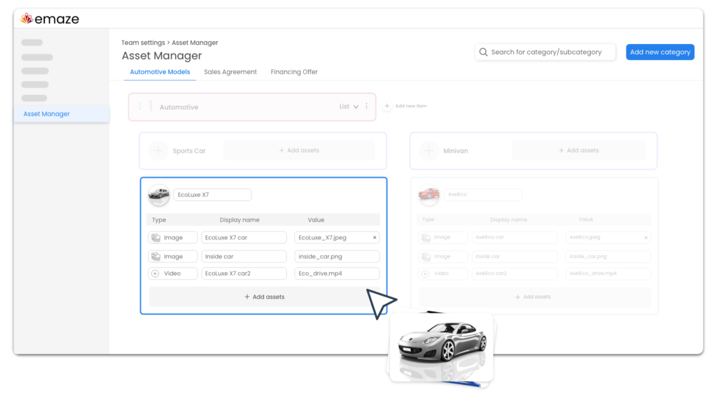 Adding assets (or cars) with images and videos to the Automaze asset manager for automotive sales.
