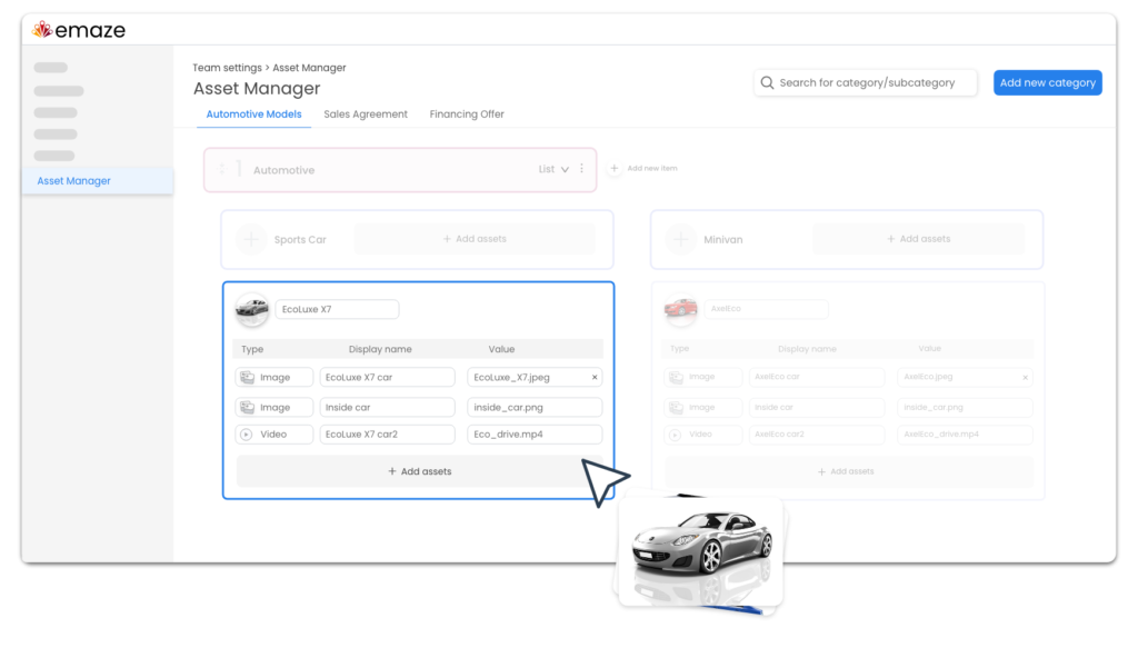 Ajout d'actifs (ou de voitures) avec des images et des vidéos au gestionnaire d'actifs Automaze pour les ventes automobiles.