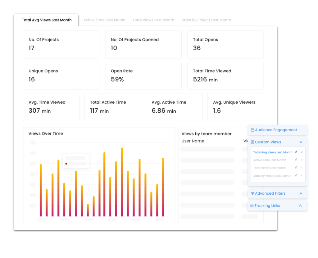 Custom View with engagement metrics and a bar chart for view trends.