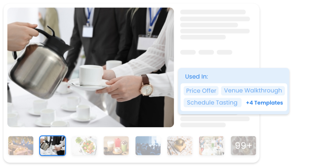 Gerenciador de ativos digitais mostrando uma imagem de catering, usada em modelos como “Agendar degustação” e modelos adicionais