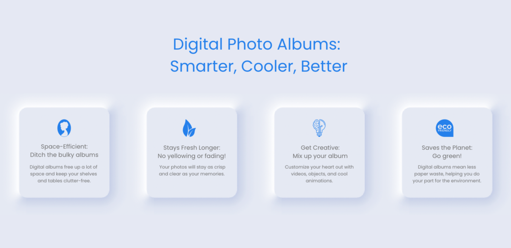 Infographic highlighting the benefits of creating a digital album: space-saving, lasting quality, creative freedom, and eco-friendly.