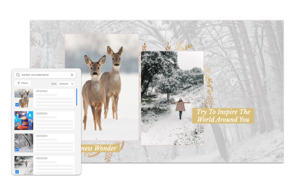 Smart Search used to search for winter-themed images, which are then added to a digital photo album template.