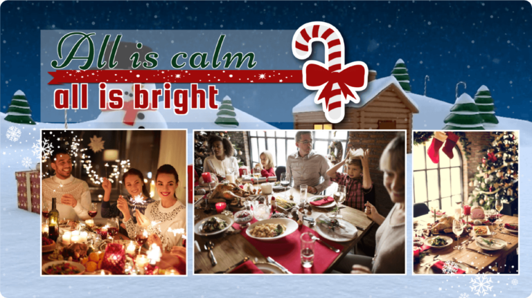 Three different shots of a family enjoying an abundant Christmas dinner, smiling and celebrating life.