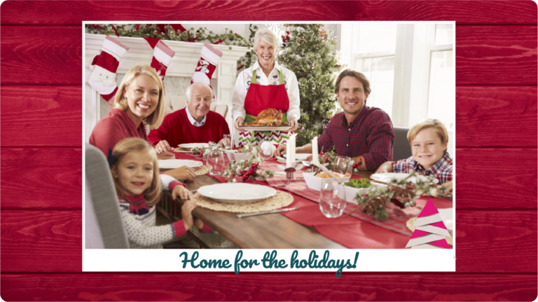 A smiling family, all dressed in red and gathered for Christmas dinner