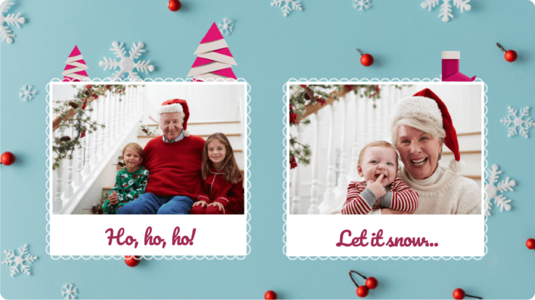 Two images, the first with two children and their grandfather and the second with a smiling baby and his grandma