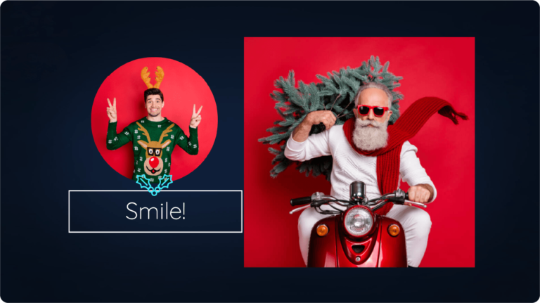 Two images, one of a man with a reindeer sweater and the other of Santa on a motorbike carrying a Christmas tree