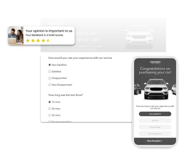 Desktop and mobile view of a satisfaction survey after purchasing a car.