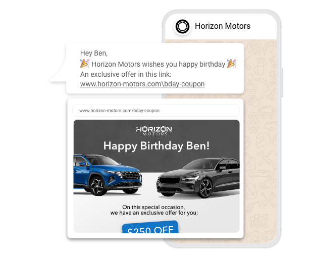 Personalized whatsapp message with an attached birthday coupon.